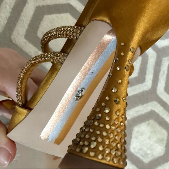 Sam Edelman Agustina Rhinestone Embellished Satin Mules in Golden Yellow 6 - Picture 10 of 11